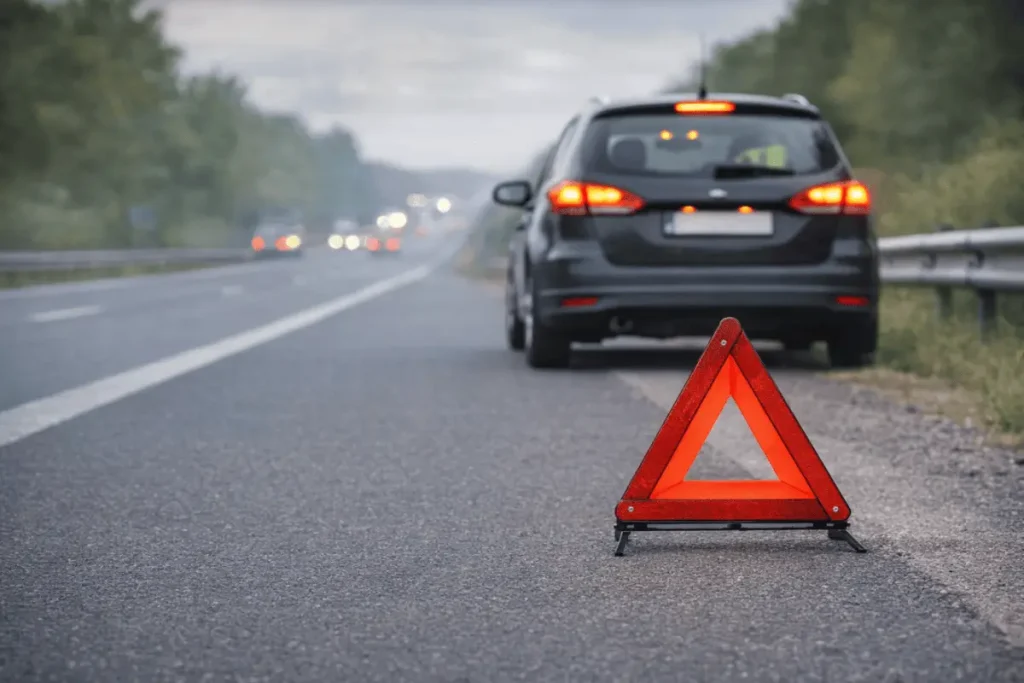 Defekt miatt megállt autó az út szélén bekapcsolt vészvillogóval és kihelyezett elakadásjelző háromszöggel
