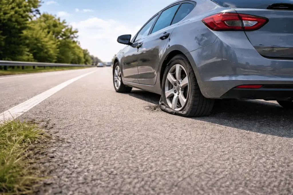 Teljesen leengedett autógumi az út szélén, napos időben – defektet kapott jármű példája.