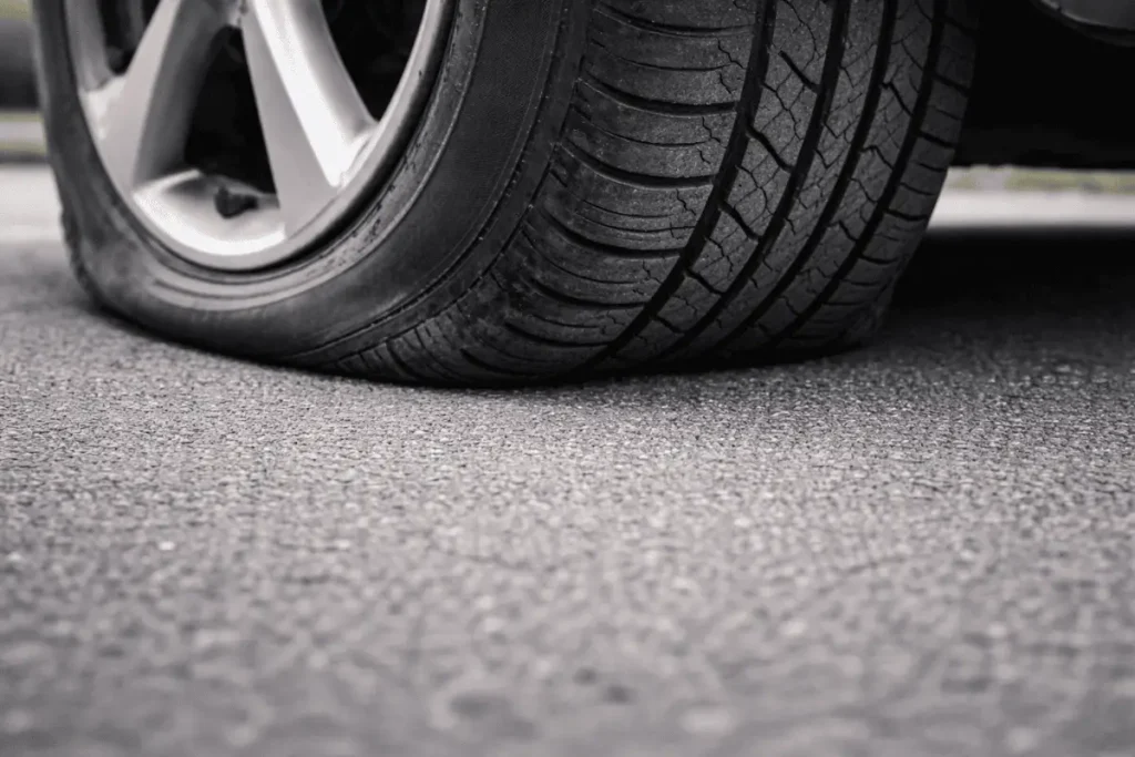 Teljesen leengedett autógumi az aszfalton. Defekt utáni állapot